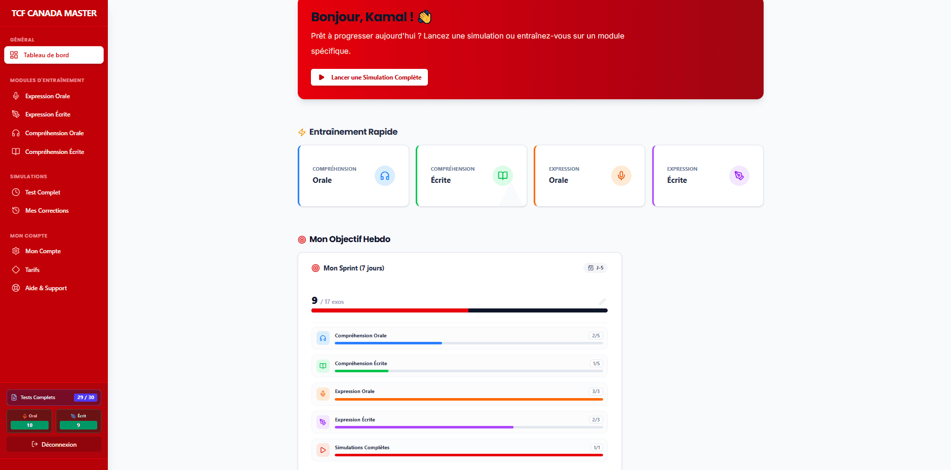 Capture d'écran de l'application TCF Master : dashboard-hero